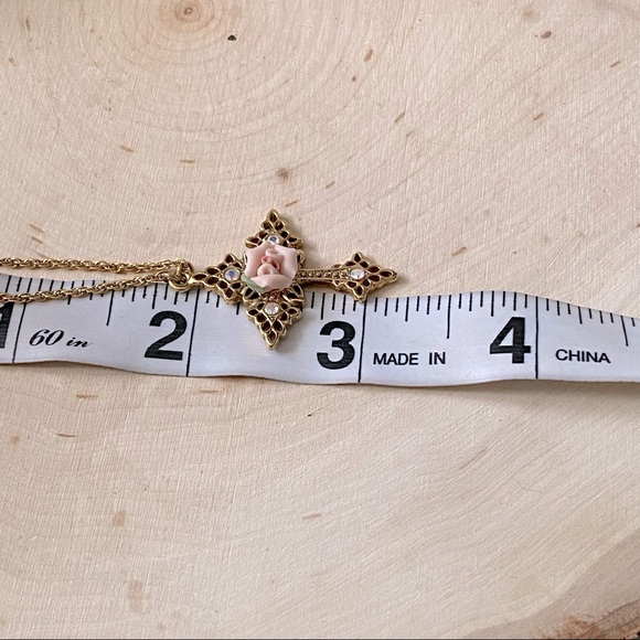 Vintage- ‘70s Gilt Filigree Cross w/ Porcelain Bisque Rose Necklace - Picture 8 of 10